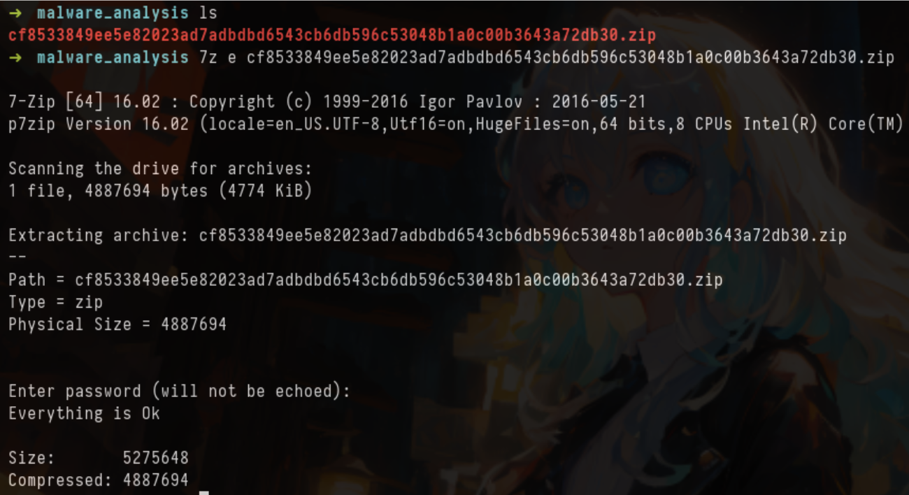 Figure 1: Extracting the malware from the archive.