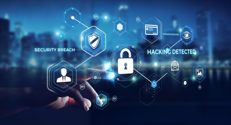 Businessman on blurred background using antivirus to block a cyber attack 3D rendering