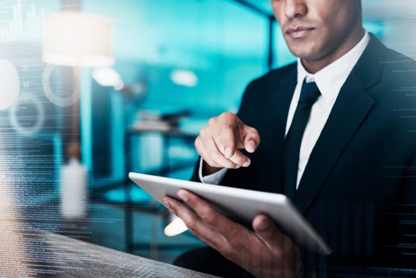 Cyber, hacker or businessman with tablet for futuristic cybersecurity, overlay or fintech blockchai.